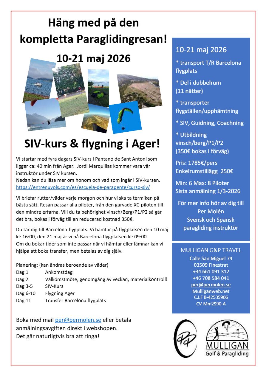 SIV-Kurs & friflygning 10-21 maj 2026 (anmälningsavgift)